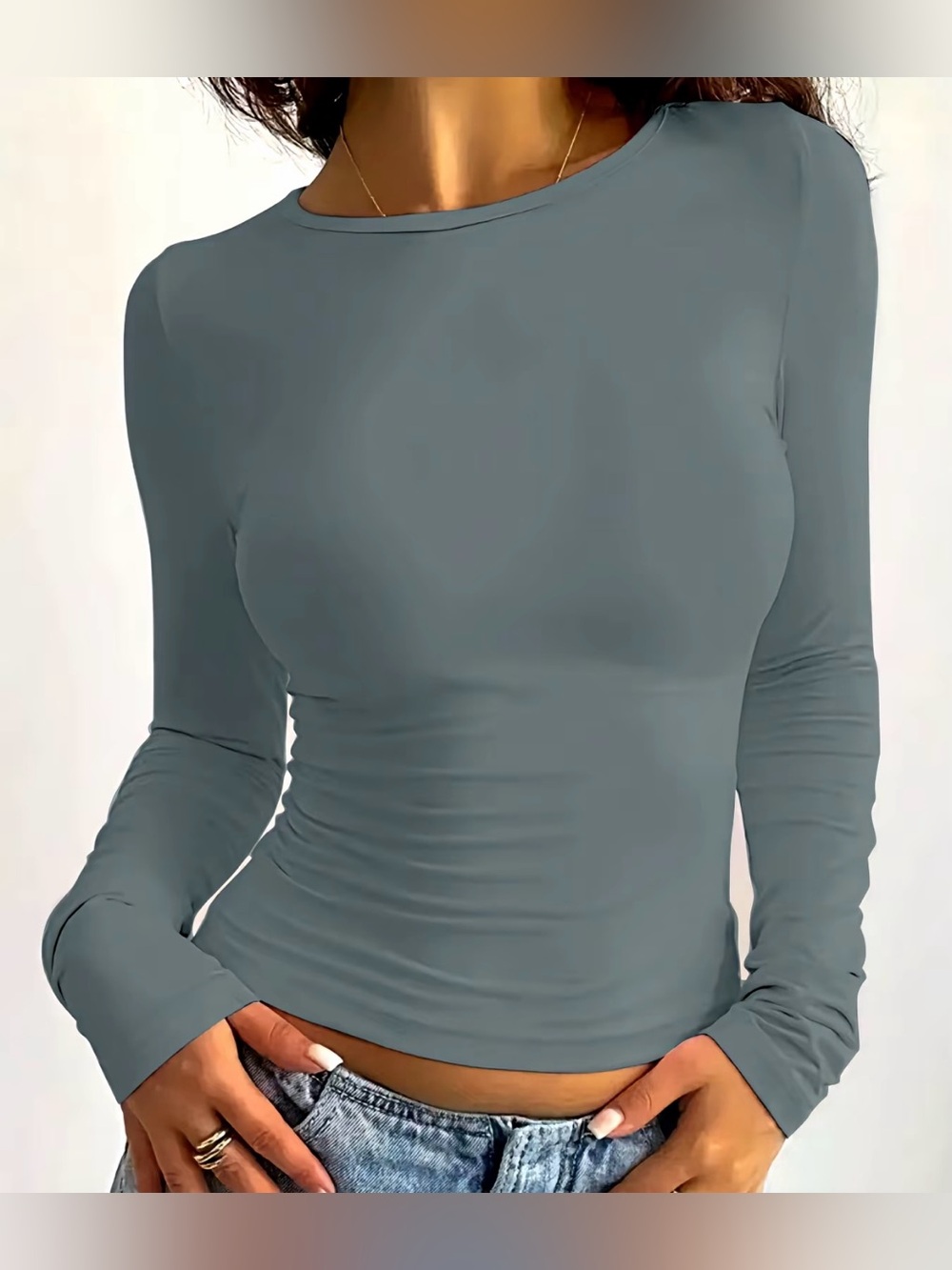 Womens Plain Round Neck Long Sleeve Tee